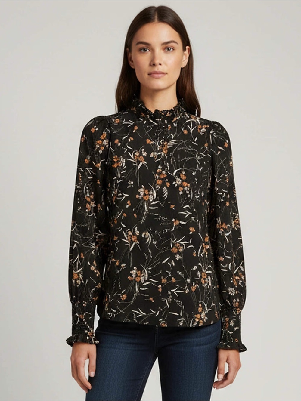 Isabel Marant Black Floral Print 100% Silk Ruffle Neck Long Sleeve Blouse Top FR
